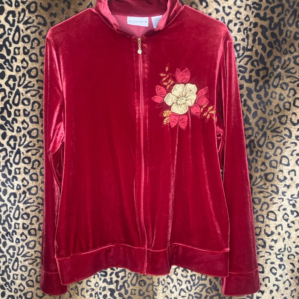 Red Velvet Jacket with Floral Embroidery